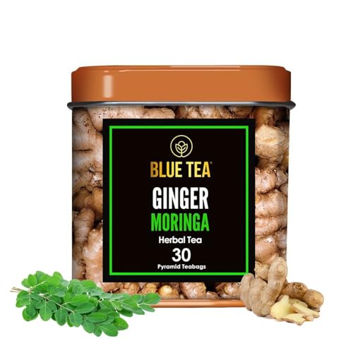 BLUE TEA – Ginger Moringa Tea – 30 Count – Pyramid Plant Based Tea Bags | HERBAL BLEND | Detox Tea -Immunity Booster – Caffeine-free – Vegan – Non-GMO – Gluten Free | Tin Pack