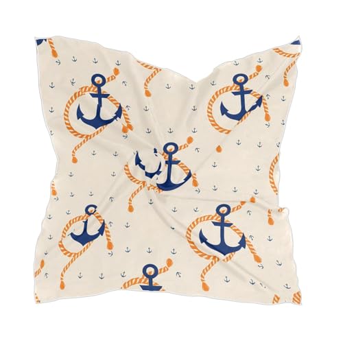 Blue Anchors Silk Like Scarfs Square Satin Head Scarf for Women Lightweight Neckerchief
