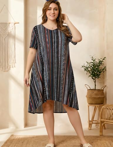 Image of OVERWORETY Womens Short Sleeve Plus Size T-Shirt Dress V Neck Casual Loose Swing A-Line Summer Tunic Dresses with Pockets