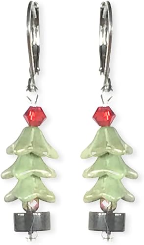CariCat Designs Boho Chic Handmade Christmas Holiday Red Prism and Mint Green Czech Glass Beaded Christmas Tree with Black Jasper Stone Base