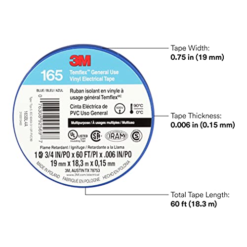 Image of 3M Temflex Vinyl Electrical Tape 165, 3 /4 in x 60 ft, Blue, 10 Roll Pack | Multi-Purpose, 19 mm x 18 m