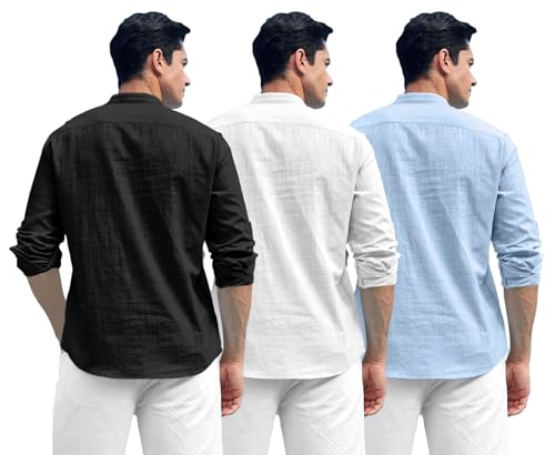 Image of Zombom Combo of Men's Solid Cotton Polyester Blend Full Sleeve Mandarin /Chinese Collor Straight Kurta Shirt (Pack of 3)