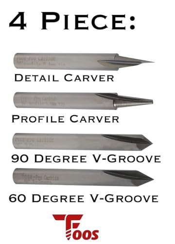 FOOS - Engraving CNC Wood Carving Router Bit Set - 4pcs - Solid Carbide - 1/4” Shanks = Profile + Carving Liner + 2 V Groove USA Veteran Owned - Thumbnail 2