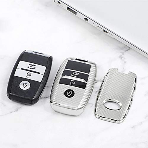 Image of JVCV Soft TPU Carbon Fiber Style Car Key Cover Compatible with Kia Seltos Sonet Carens 3 Button Push Start Car Key (Silver)