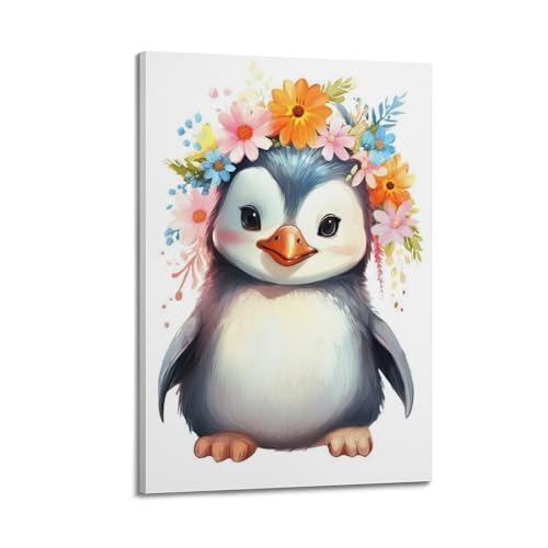 Impression toile pingouin avec fleurs, cadeau de naissance idéal