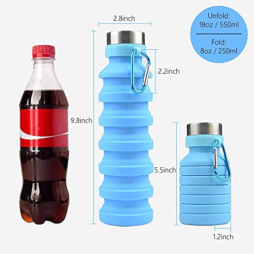Image of we3 Collapsible Water Bottle, 550ml Reusable Silicone Light Water Bottles for Travel Outdoor Portable Leakproof Drinking Bottles with Carabiner (Blue, Pack of 2)