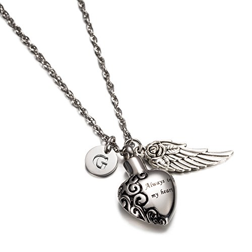 AMIST Always in My Heart Pendant  with Initial Necklaces Angle Wing Ash Holder Urn Necklace Cremation Memorial Jewelry (G)