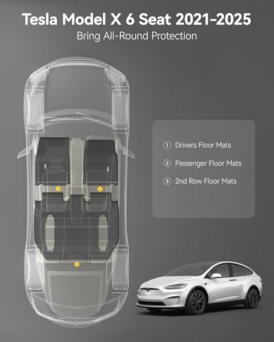 Image of 3W Floor Mats Fit for Tesla Model X 6 Seat 2021-2025 2026 | All Weather TPE Custom Fit Floor Liners for 1-3 Rows Full Set Car Mats, Black, Over 10 Years Lifespan