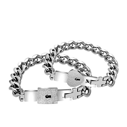 Uloveido Titanium Steel Cuban Chain Bracelets For Couples, His And Hers Square Heart Lock Bangles Set Matching Jewelry Set Y853 #TOP6
