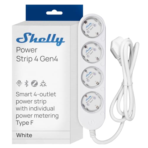 Shelly Power Strip 4 Gen4 Blanco – Regleta de enchufes Zigbee y Matter de 150 cm, Tipo F, con 4 Tomas de corriente (3680 W), Protección sobretensiones, Control por voz con Apple HomeKit, Alexa, Google