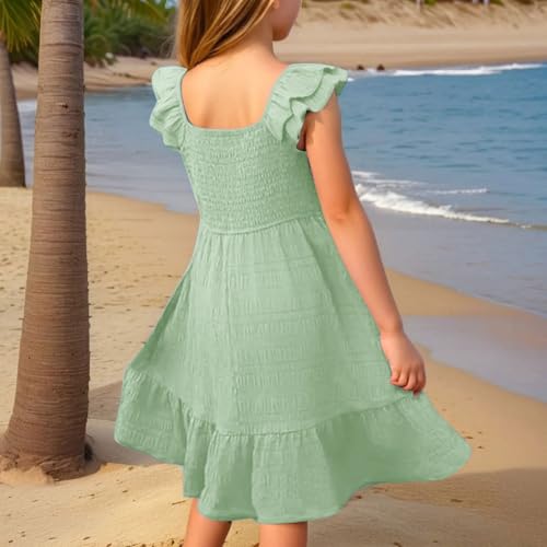 Girls Plain Basic Sundress Ruffle Hem Flying Short Sleeve Holiday Casual Dress A-Line Beach Party Dresses2