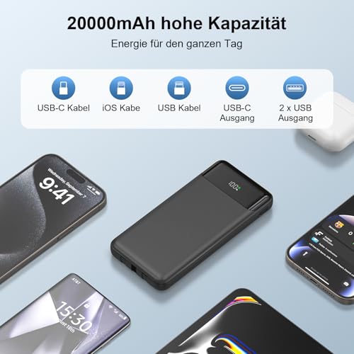Powerbank 20000 mAh mit Integrierten 3 Kabeln, 22,5 W Schnellladung Power Bank Tragbares Ladegerät PD 3.0 QC 3.0 USB-C EIN- und Ausgang Externe Handyakkus für iPhone, Samsung, und mehr 3