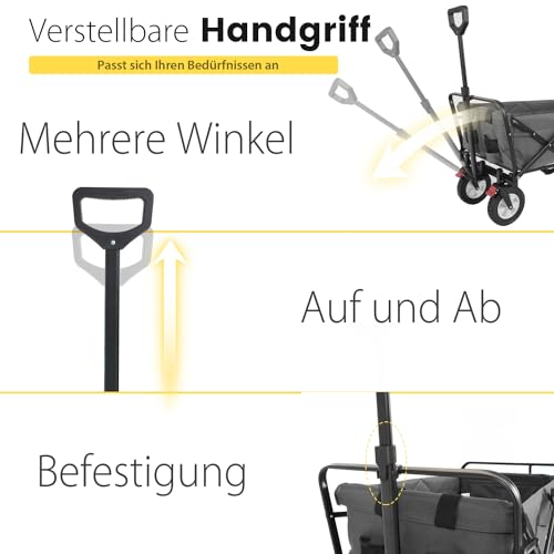 Sekey Bollerwagen Faltbar Gummireifen 200KG Schwerlast, Faltbarer Bollerwagen Geländetauglich, Klappbarer Handwagen Strand Camping Kinder Ultraleise Vollgummi 100L, StarkX 3114, Anthrazit – Bild 6