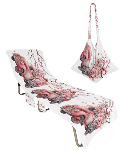 Pink Truck Valentine's Day Beach Lounge Chair Towel Cover, Soft Chaise Lounge Towel with Side Pockets Patio Pool Chairs Cover for Beach/Pool Sunbathing 29x85 Love Heart Tree Spring Floral