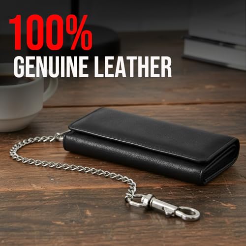 Image of Jackets 4 Bikes HERITAGE Men's Motorcycle Chain Wallet - Premium Cowhide Leather RFID Tri-Fold Biker Wallet with Heavy Duty Chain, Long Credit Card & Cash Organizer for Truckers Hunters AllBlack