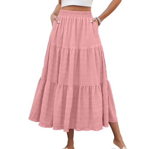 HUSKARY Women's Summer Casual Elegant Smock Layered Tiered Maxi Skirt High Waisted A Line Flowy Long Skirts with Pockets X-Large Light Pink
