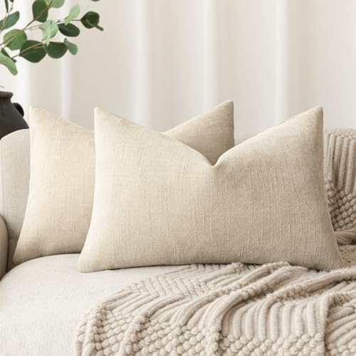Image of Foindtower Pack of 2 Soft Textured Chenille Throw Decorative Pillow Covers Lumbar Accent Solid Cushion Cover Cozy Neutral Farmhouse Pillow Case for Couch Sofa Bedroom Living Room 12x24 Inch, Beige