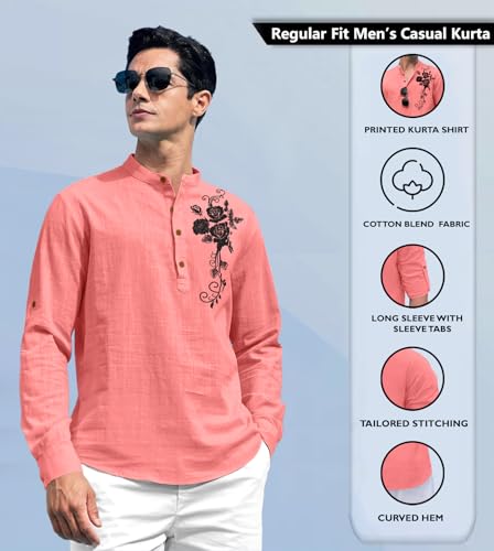 Image of Zombom Men's Cotton Polyester Blend Mandarin Collar Self One Design Printed Full Sleeve Casual Short Kurta Shirt