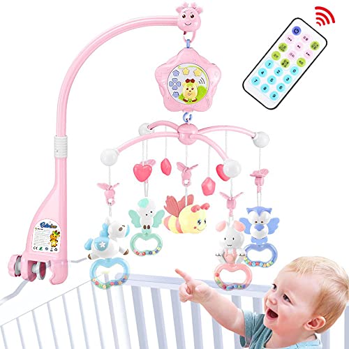 Image of Baby Mobile for Crib with Musicial and Lights, Remote and Projection. Pack and Play Toys for Ages 0+ Months (Pink-Bee)