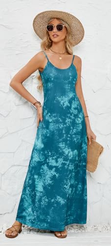 Image of Supnier Women's Summer Maxi Dress Casual V-Neck Sleeveless Bohemian Spaghetti Strap Floral Long Maxi Dress with Pockets
