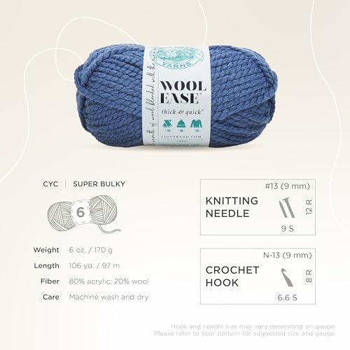 Image of Lion Brand Yarn Wool-Ease Thick and Quick Yarn, Soft and Bulky Yarn for Knitting, Crocheting, and Crafting, 3 Pack, Denim | Super Bulky Wool Acrylic Blend Fiber for Soft Hats, Sweaters, Chunky Blankets, Yarn for Crochet, Knitting, Crafts, Weaving