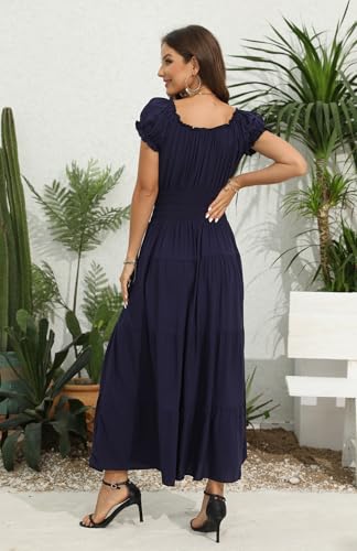 Image of OSTOO Women's Floral Maxi Dress Boho Summer Short Sleeve Smocked Waist Tiered Long Dress