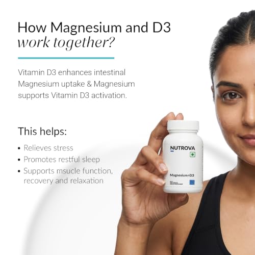 Image of Nutrova Magnesium+D3 | With Magnesium Bisglycinate & Vitamin D3 | Supports Better Sleep, Mood, Energy & Muscle Recovery | High Absorption Formula | Gentle on Stomach | 120 Veg Tablets (Pack of 2)