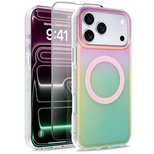 Image of Magnetic Case for iPhone 17 Pro Max [Compatible with Magsafe] | [Anti-Yellowing] [1 Screen Protector] Cute Fashion Iridescent Case for iPhone 17 Pro Max 6.9 inch 2025, Pink Green