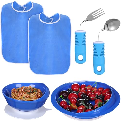 Jeere 6 Pcs Adaptive Utensil with Bib Bowl Plate Set Weight Cutlery Gift for Christmas Elderly Disabled Arthritis Parkinson(Blue)