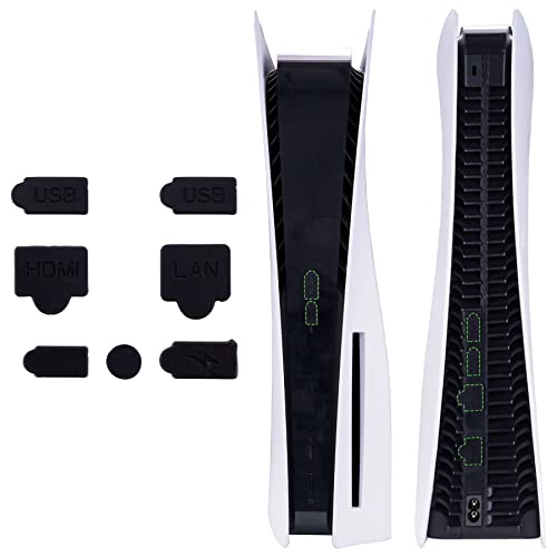 PlayVital 7 Stück Silikon Staubstöpsel für ps5 Konsole, Staubstöpsel Anschluss Schutzstecker Staubschutz Kappen für ps5 Digital&Disc Edition Konsole, Staubdichter Stecker Konsole Zubehör-Schwarz Cover