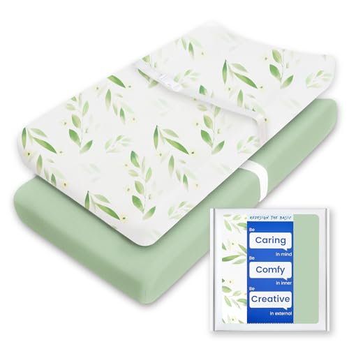 Image of Changing Pad Cover for Girls Boys, TotBasic Premium Soft Boho Changing Table Covers, Stretchy Jersey Changing Table Sheets - Fits All Standard Changing Tables - 2 Pack (Sage Green&Botanical Leaf)