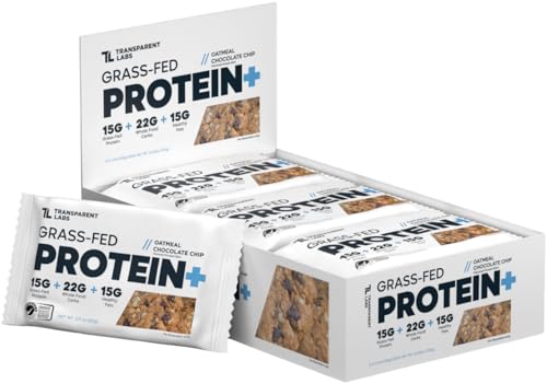 Transparent Labs Protein+ Bars - Whole-Food Protein Bars w/ 15g+ Grass-Fed Whey & Egg Whites Protein Natural Peanut & Almond Butter No Artificial Sweeteners - Oatmeal Chocolate Chip 12 Bars