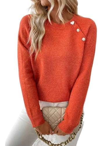 Womens Button Detail Round Neck Knit Sweater Casual Pullover Sweaters for Women