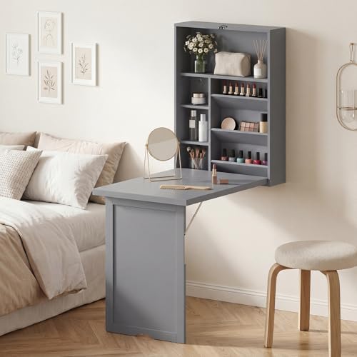 Giantex Wall Mounted Desk, Foldable Convertible Computer Desk with Storage Shelves, Space Saving Fold Out Table, Folding Floating Writing Desk for Small Spaces, Home Office, Bedroom, Apartment (Grey)