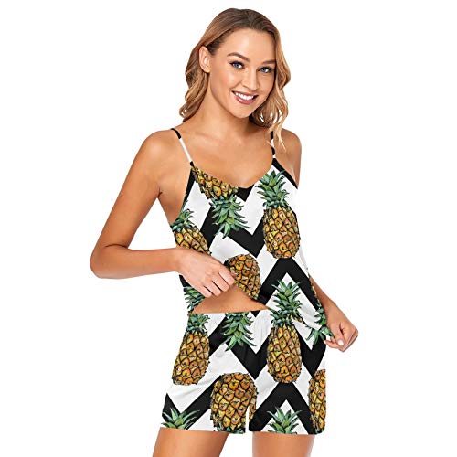 Pineapples Seamless On Black White Chevron 2 Pcs Women's Pajamas Set, Camisole Satin Silk Lingerie Sleepwear, Sleeveless Print Silky Shorts Loungewear Nightwear(M) #TOP4