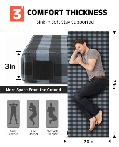 Image of GAIALOOP 3 Inch Memory Foam Camping Mattress, Dual Layer Thick Sleeping Camp Pad for Car Tent Cot, Roll-Up Portable Glamping Floor Bed for Guests Sleepover