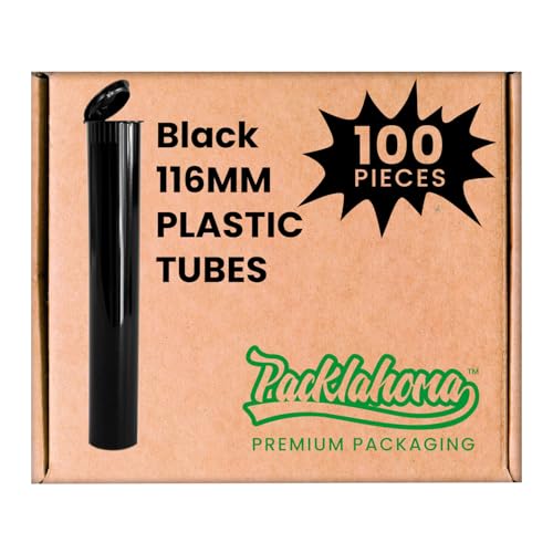 Packlahoma 100 Pack 116mm Tubes Black King Size - Plastic Pop Top Tubes with Squeeze Cap - Airtight Waterpoof and Child Proof Container (100 Count) (Black 116mm 100Pack)