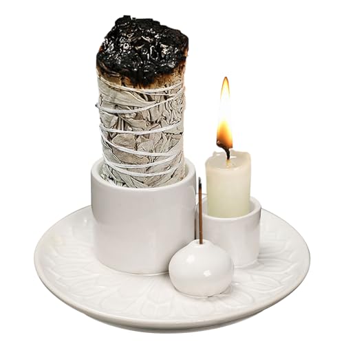 SHEBUYLLI Incense Burner Holder, 4 in1 Palo Santo Holder Ceramic Incense Stick Holders with Ash Catcher Sage Holder Smudge Bowl for Yoga Meditation Room Home Decor (#001White)