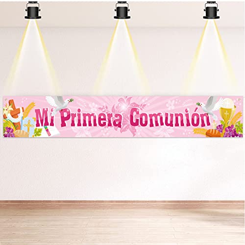 DPKOW Rosa minha primeira comunhão bandeira decoração para meninas, rosa minha 1ª comunhão bandeira para meninas primeira comunhão jardim exterior decoração casa parede comunhões rosa, 260 * 40 cm