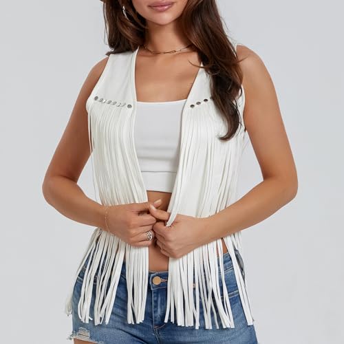 Womens Fringe Vest Sleeveless Open Front Western Jackets Faux Suede Tassel Waistcoat 70s Hippie Vest Outerwear2