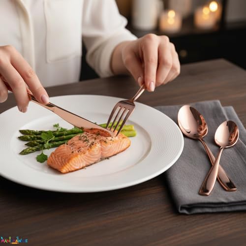 Image of Mirror Polished Rose Gold 16 Pcs Stainless Steel Cutlery Set for Dining Table, Dishwasher Safe Glossy Flatware (4 Spoon Set + 4 Forks Set + 4 Butter Knife + 4 Dessert Spoon)