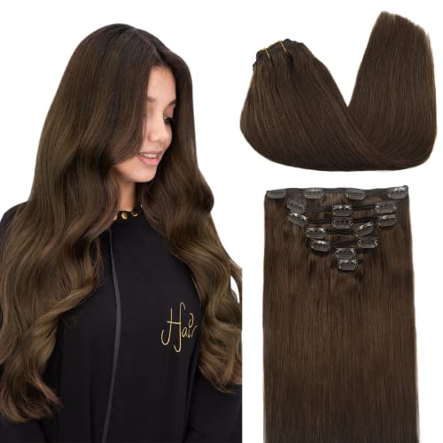 DOORES Remy Human Hair Extensions Clip in Chocolate Brown 18 Inch 120g 7pcs Real Clip in Hair Extensions Straight Natural Thick Hair Extensions