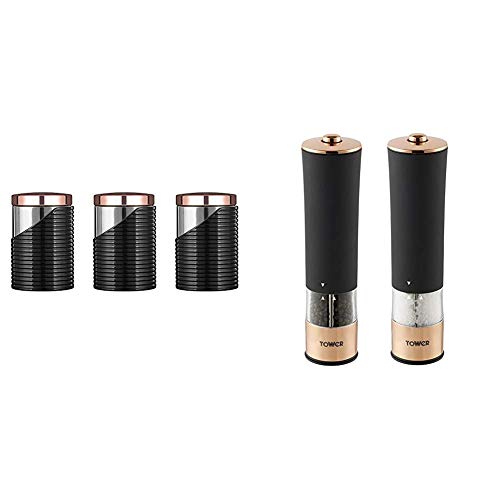 Tower Linear Set of 3 Storage Canisters, Stainless Steel, Black and Rose Gold & Electric Salt and Pepper Mill, Stainless Steel, Soft-Touch Body, Rose Gold and Black