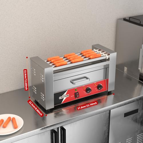 CROSSON Hot Dog Maschinen 5 Rollen mit Brötchenwärmer,12 Hotdogs Machine Elektrogrill mit Temperaturregler Für Party, Haushalt und Gewerbe,1050W