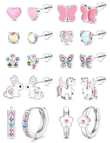 Adramata 10 Paires Boucles d'Oreilles Fille Femme Acier Inoxydable Hypoallergéniques Boucles Oreille Ensemble Rose Multicolore CZ Fleur Coeur Papillon Vis dos...