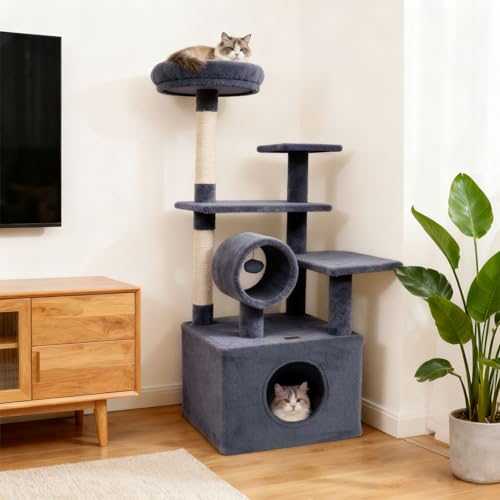 PETSITE Multi-Level Cat Tree Tower, 48 Inches Tall with Sisal Scratching Posts, Condo, Tunnel with Dangling Ball Inside, Padded Top Perch, Multiple Jumping Platforms, Ideal for Indoor Cats (Dark Grey)