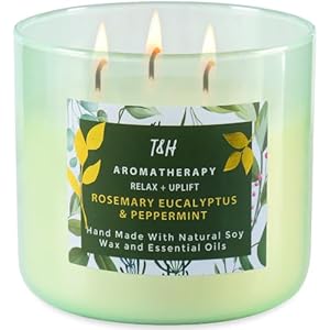 Rosemary Eucalyptus Peppermint Candle | Highly Scented Large 3 Wick Soy Candle 15.8 oz | Uplifting Eucalyptus Mint Scented Candles for Home | Aromatherapy Stress Relief Spa Candles for Men & Women