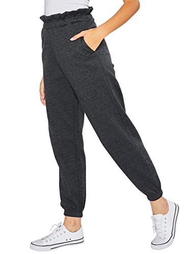 esstive Women\'s Ultra Soft Fleece Basic Midweight Casual Paper Bag Waist Band High Rise Joggers, Charcoal, Medium - Thumbnail 2