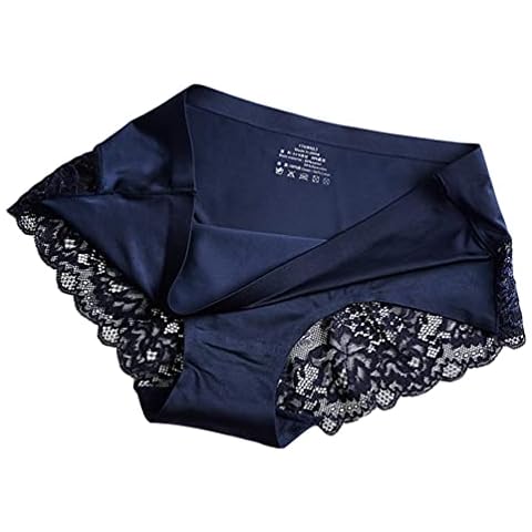 Lace Knickers for Women Ice Silk Breathable Bikini Panties Underwear Mid Rise Lace Briefs Seamless Panties Hipster (M,Navy Blue) Cover