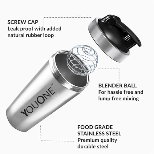 Image of YOUONE Stainless Steel Shaker Bottles For Gym - 100% Leakproof Guarantee, Ideal For Protein, Pre Workout, Bcaas & Water Bpa Free Material